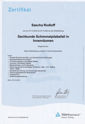 tuev sachkunde schimmelpilzbefall innenraeume zertifikat sascha rodloff exif