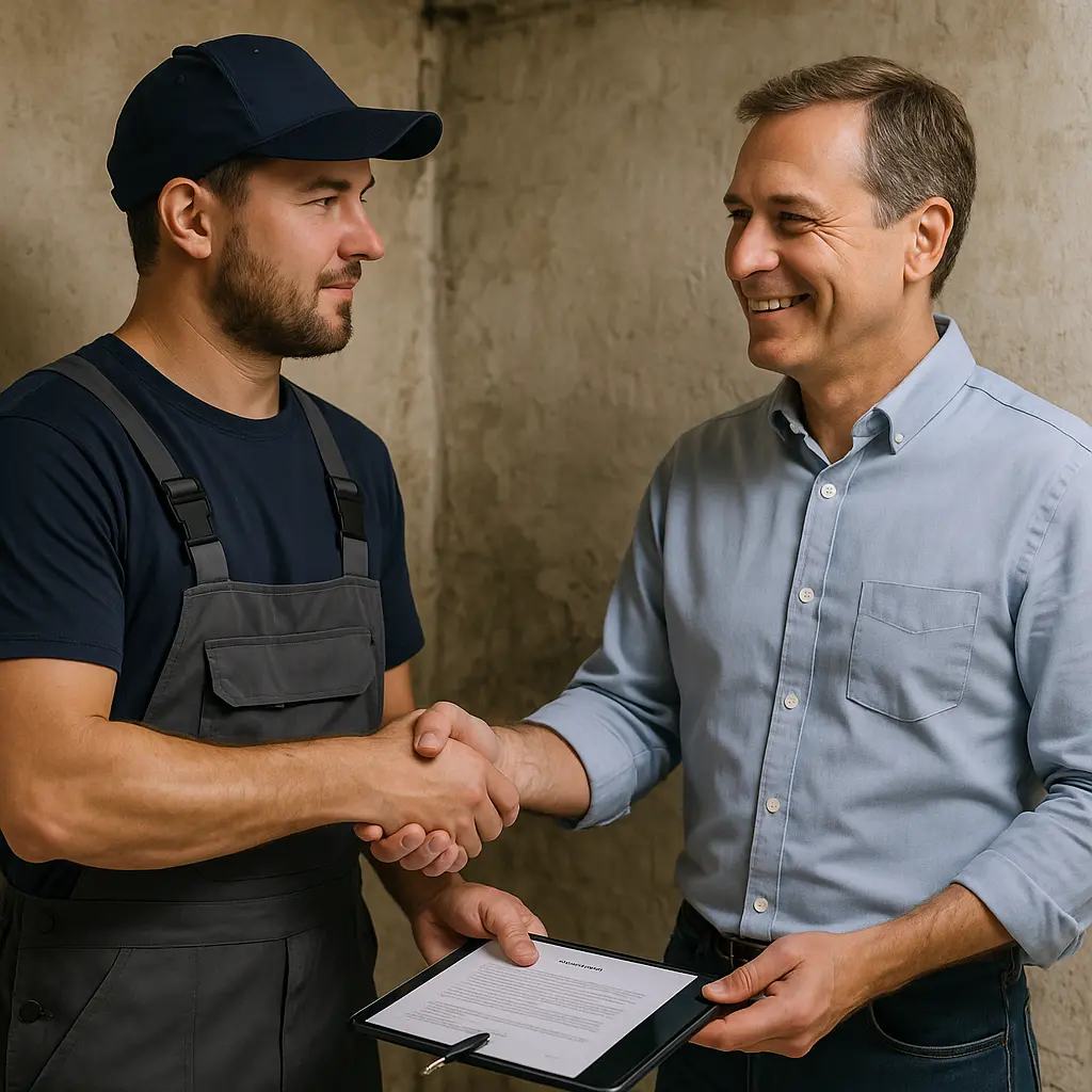 Handschlag mit einem Kunden nach erfolgreicher Fachberatung zur Kellersanierung.